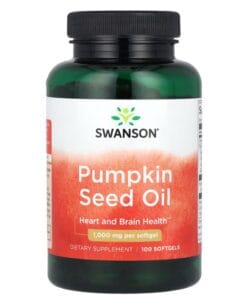 Un flacon de complément alimentaire à l'huile de graines de citrouille Swanson contenant 100 gélules molles, étiqueté pour la santé du cœur et du cerveau avec 1 000 mg par gélule molle.