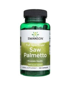 Une bouteille verte de Baies de chou palmiste nain de NOW Foods, étiquetée pour le soutien de la santé des hommes avec 100 capsules végétariennes contenant 550 mg chacune.