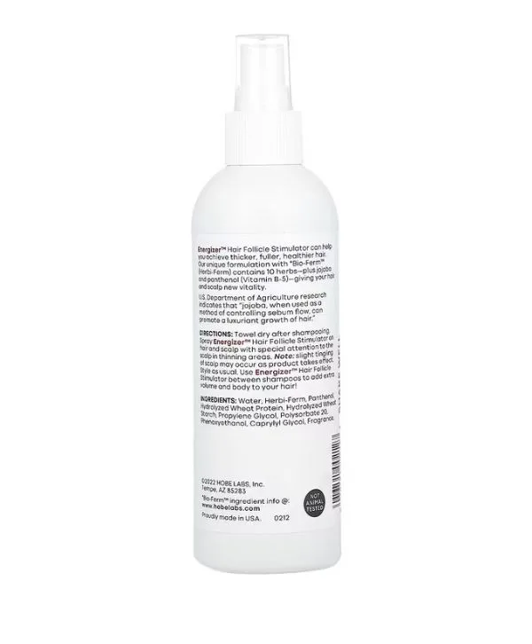 Un flacon pulvérisateur Hobe Labs Energizer Stimulateur de follicules pileux blanc de 237 ml avec un texte noir au dos indiquant les instructions, les informations d'utilisation et les ingrédients.