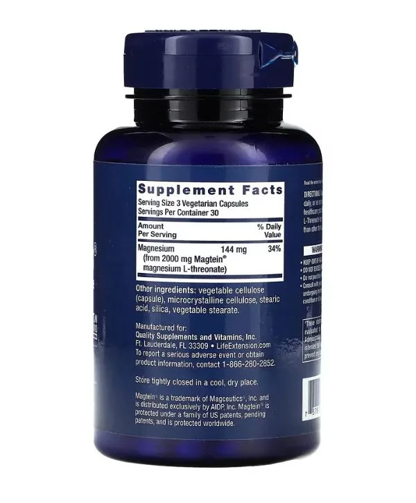 Une bouteille bleue affiche l'étiquette arrière du supplément Life Extension Neuro-Mag L-thréonate de magnésium avec des informations nutritionnelles, la liste des ingrédients et les détails du fabricant.