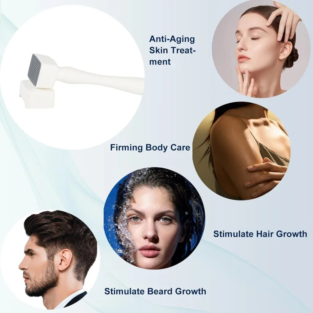 Image du Tampon Stempel - Microneedling Réglable 0-3mm avec 140 aiguilles en titane, montrant ses utilisations : soin du visage anti-âge, raffermissement du corps et stimulation de la croissance des cheveux et de la barbe, chacune illustrée de photos pertinentes.
