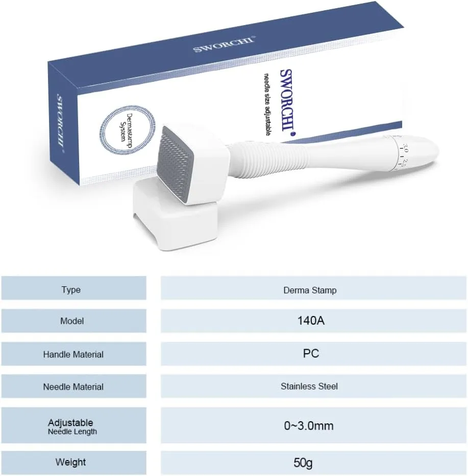 Le Tampon Stempel Microneedling Réglable 0-3mm avec 140 aiguilles en titane pour visage, corps, cheveux et barbe est présenté à côté de sa boîte, avec un tableau en dessous listant les spécifications et les matériaux.