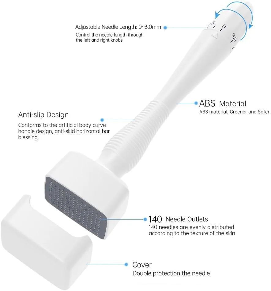 L'appareil de microneedling Tampon Stempel est équipé de 140 aiguilles en titane, d'une longueur réglable (0-3 mm), d'un manche antidérapant en ABS et d'un étui de protection. Idéal pour les soins du visage, du corps, des cheveux et de la barbe, il est étiqueté pour une utilisation facile.