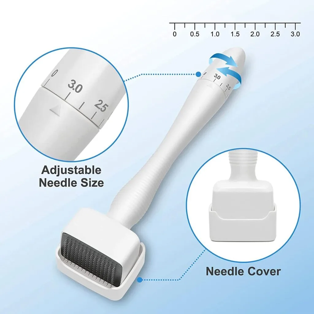 Le Tampon Stempel est un rouleau de microneedling blanc doté de 140 aiguilles en titane, réglables de 0 à 3 mm, et doté d'un protège-aiguille amovible. Il est présenté en gros plan avec des indications pour une utilisation sur le visage, le corps, les cheveux et la barbe.