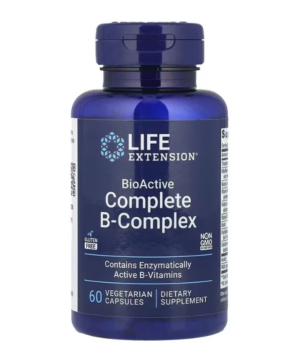 Une bouteille bleue de Life Extension BioActive Complexe complet de vitamines B avec 60 gélules végétariennes, sans gluten et sans OGM - idéal pour tous ceux qui recherchent un complexe B de première qualité, y compris des options de complexe B maroc.