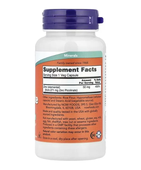NOW Foods، بيكولينات الزنك، 50 ملغ، 120 كبسولة نباتية