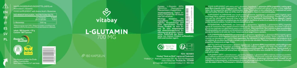 Vitabay - L-Glutamine 700 مجم – 180 كبسولة نباتية