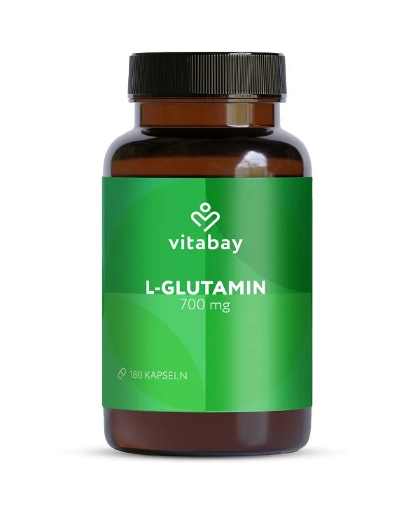 Un flacon brun étiqueté "Vitabay - L-Glutamine 700 mg - 180 gélules véganes" avec une étiquette verte contient 180 gélules véganes de L-Glutamine.