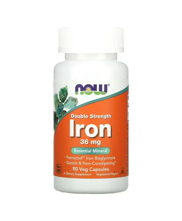 Une bouteille blanche étiquetée "NOW Double Strength Iron 36 mg" avec 90 gélules végétales, avec des accents orange et verts.