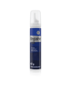 Un flacon de Regaine - Mousse Minoxidil 5% (1 bouteille) de 60g sur fond blanc, étiqueté pour une utilisation d'un mois.
