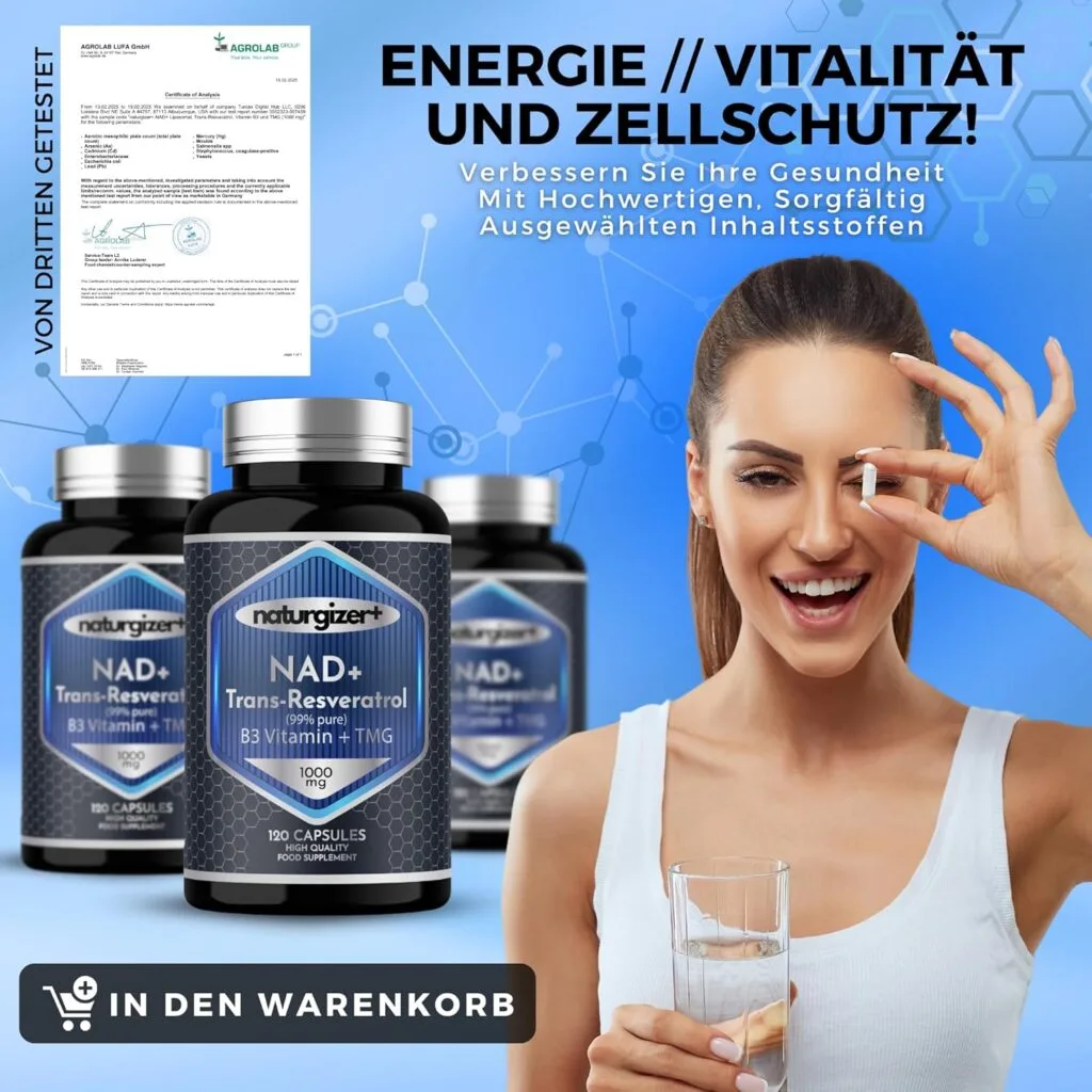 Une femme prend une capsule de supplément avec de l'eau. Trois bouteilles de Naturgizer+ NAD, Resvératrol, Niacinamide, TMG 1000 mg (120 gélules) et un certificat de produit sont présentés, soulignant les avantages anti-âge et revitalisants dans un texte en allemand.