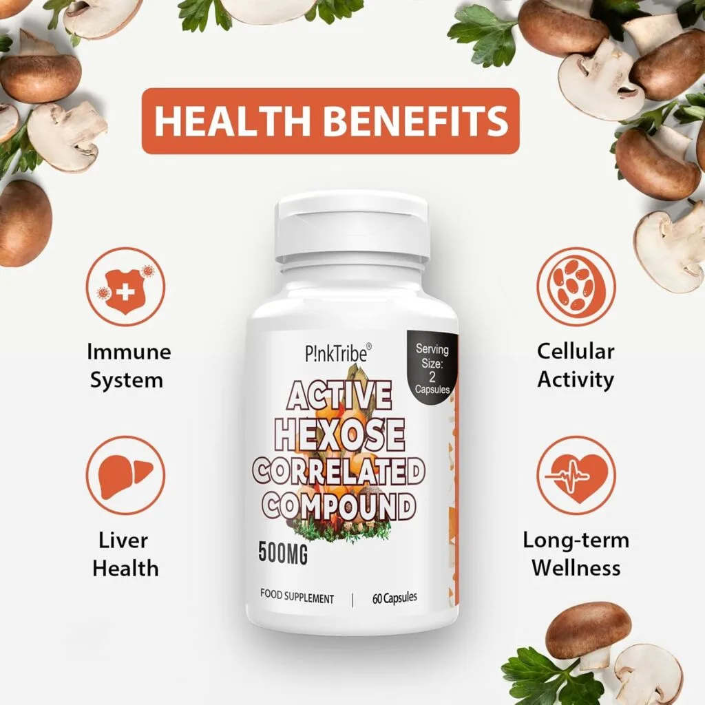 Un flacon de Complément d'AHCC 500 mg à haute dose est présenté-supplément avec alphaglucane et bêtaglucane, sans additifs artificiels ni OGM, 60 gélules végétales-pour soutenir le système immunitaire et le bien-être général.