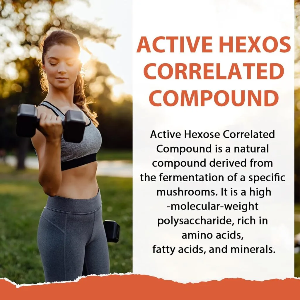 Une femme en tenue de sport soulève un haltère en plein air. Le texte décrit Complément d'AHCC 500 mg, un supplément avec alphaglucane et bêtaglucane, sans additifs artificiels ni OGM, en 60 gélules végétales pour le bien-être.