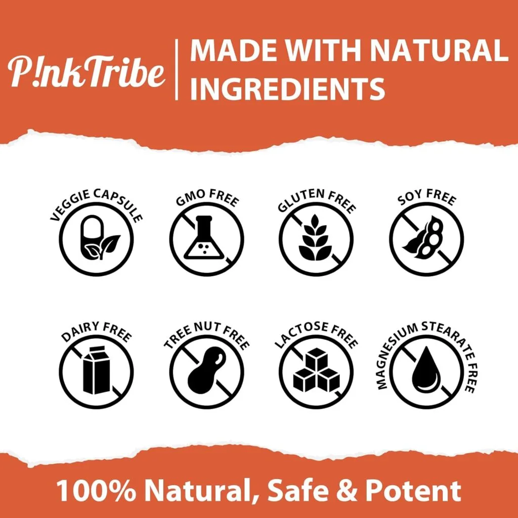 Graphique orange et blanc indiquant que Complément d'AHCC 500 mg contient de l'alphaglucane et du bêtaglucane, sans additifs artificiels ni OGM, et qu'il est sans gluten, sans soja, sans produits laitiers, sans noix, sans lactose et sans stéarate (60 gélules végétales).