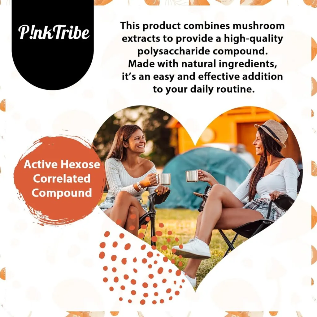 Deux femmes sont assises à l'extérieur sur des chaises de camping, souriantes et tenant des chopes. Points forts du texte Complément d'AHCC 500 mg - supplément avec alphaglucane et bêtaglucane, sans additifs artificiels ni OGM, 60 gélules végétales.