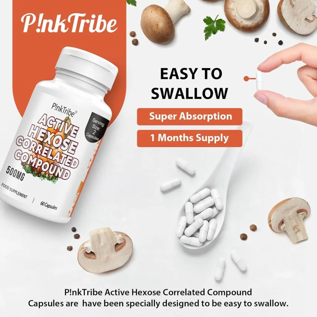 Une bouteille et une cuillère de Complément d'AHCC 500 mg - supplément avec alphaglucane et bêtaglucane, 60 gélules végétales, sans additifs artificiels ni OGM, entourés de champignons, avec texte sur absorption optimale et prise facile.
