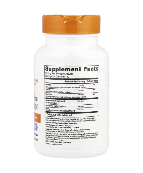 Doctor's Best Glucosamine, chondroïtine et MSM se présente dans un flacon blanc avec un bouchon orange et une étiquette Supplement Facts détaillant les ingrédients et les informations nutritionnelles pour 120 gélules végétales.