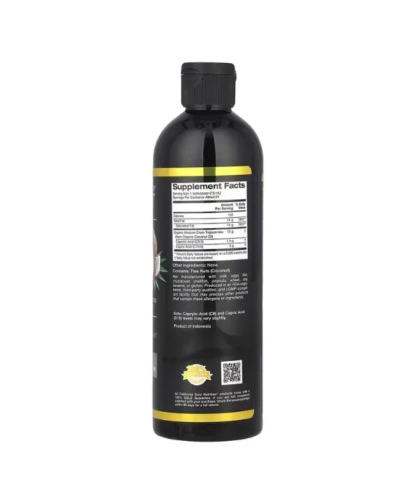 L'arrière d'une bouteille de California Gold Nutrition - Huile MCT Bio Sport (355 ml) affiche une étiquette d'information sur les compléments alimentaires, des détails sur les ingrédients de l'huile MCT et un code QR près du bas.