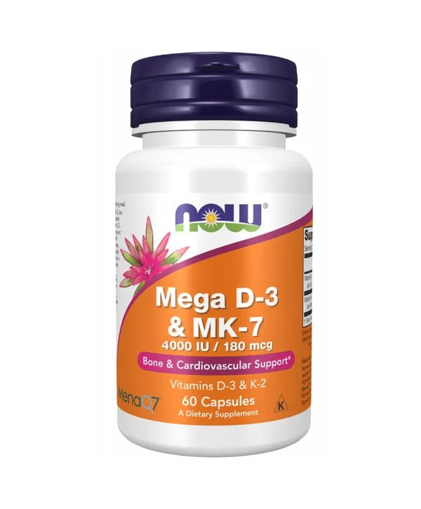 Une bouteille blanche étiquetée "NOW Foods - Mega D-3 & MK-7 - 60 capsules végétales", fournissant des vitamines D-3 et K-2 pour le soutien osseux et cardiovasculaire.