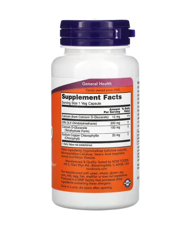 Une bouteille blanche de NOW Foods DIM 200 avec un bouchon violet affiche les informations sur le supplément et les ingrédients pour ses 90 capsules végétariennes sur l'étiquette.