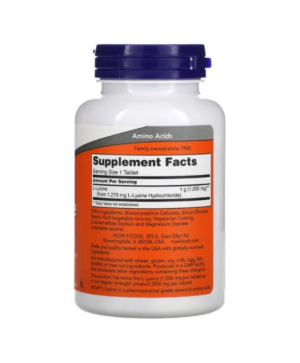 NOW Foods، L-lysine، 1000 مجم، 100 حبة