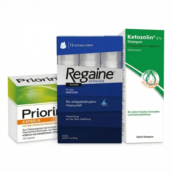 Le Pack Complet Anti-Chute & Pellicules-Regaine Mousse 5%, Priorin, et Ketozolin 2%-est affiché côte à côte sur un fond blanc.