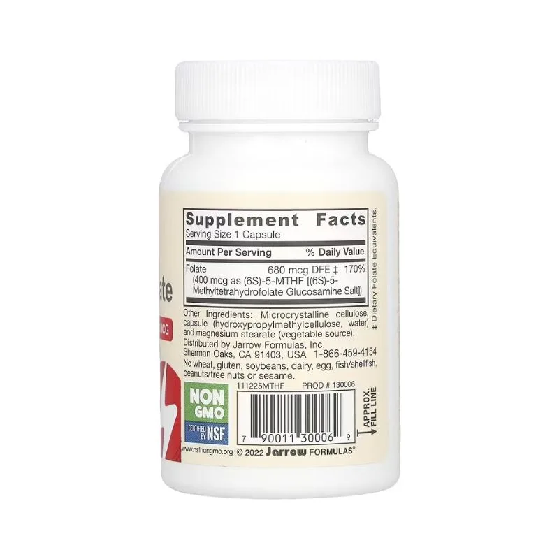 Flacon blanc de Jarrow Formulas - Méthylfolate végan 400 mcg - 60 capsules végétales, indiquant Supplement Facts, les ingrédients, l'icône non-OGM, le code-barres et les détails du fabricant.