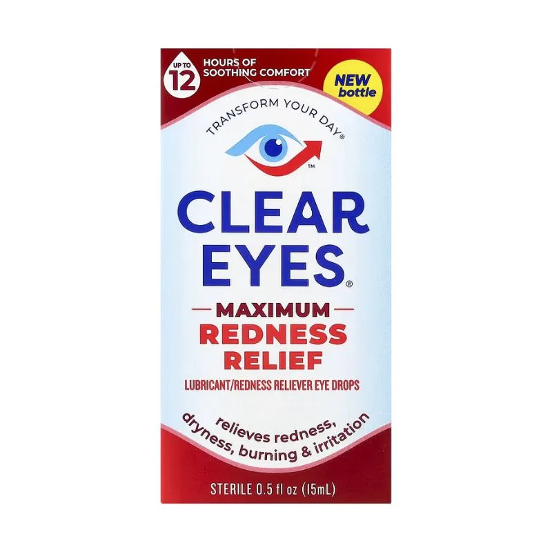 Clear Eyes - Maximum Redness Relief Gouttes pour les Yeux, 15 ml, offre un soulagement de la rougeur et jusqu'à 12 heures de confort selon les informations du produit.