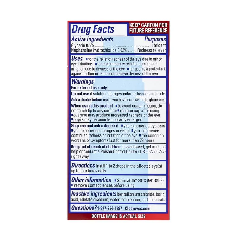 Fiche d'information sur le médicament Clear Eyes - Maximum Redness Relief Gouttes pour les Yeux - 15 ml, indiquant les ingrédients actifs, les utilisations, les mises en garde, le mode d'emploi, les instructions de conservation et les coordonnées de la personne à contacter en cas de questions.