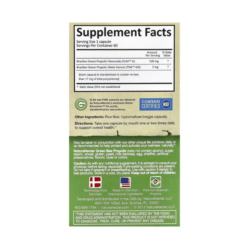 L'étiquette Supplement Facts de NaturaNectar - Propolis Verte d'Abeille - 60 Capsules Végétales détaille les ingrédients, les certifications, l'utilisation suggérée et les informations du fabricant au dos de l'emballage.