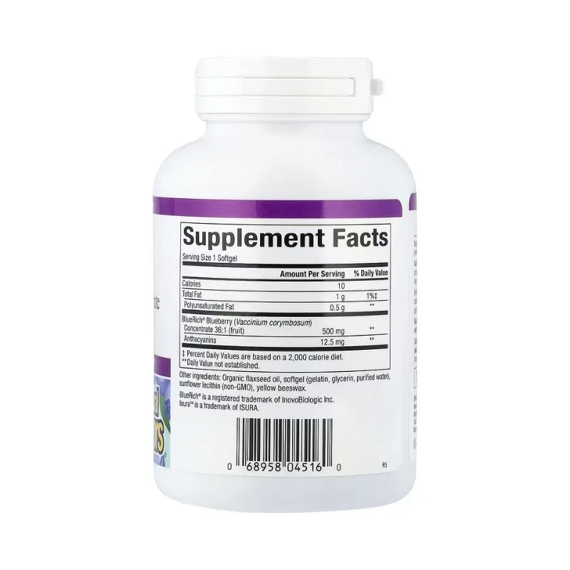 Une bouteille blanche de Natural Factors BlueRich Extrapuissant Concentré de myrtille 500 mg, 90 capsules à enveloppe molle, avec Supplement Facts et code-barres au dos, mettant en évidence les avantages antioxydants.