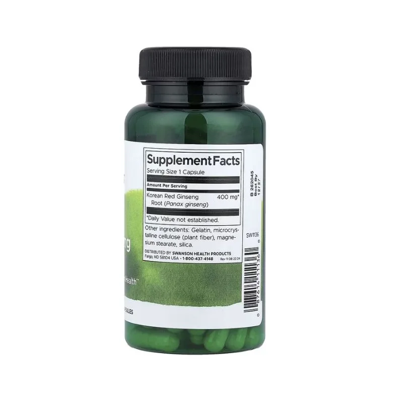 Un flacon de gélules de complément alimentaire avec une étiquette indiquant les caractéristiques de la racine de ginseng rouge coréen, 400 mg par gélule.