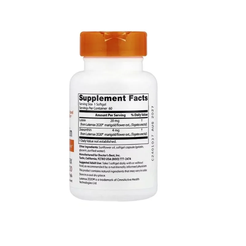 Flacon blanc avec bouchon orange comportant une étiquette de Supplement Facts pour Doctor's Best - Lutéine Lutemax 2020, 60 capsules molles, mentionnant la lutéine et la zéaxanthine comme ingrédients, ainsi que la taille de la portion et des détails sur le fabricant.