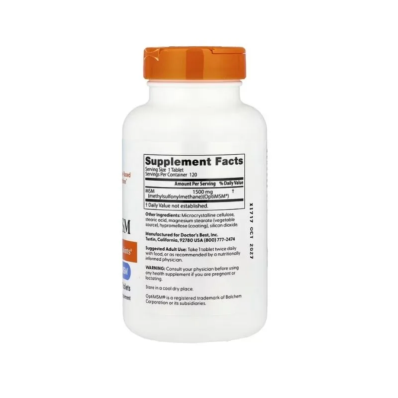 Flacon blanc avec bouchon orange étiqueté "Supplement Facts", montrant Doctor's Best - MSM avec OptiMSM, 1500 mg par portion, 120 comprimés, avec un dosage supplémentaire de MSM et des informations sur les ingrédients.
