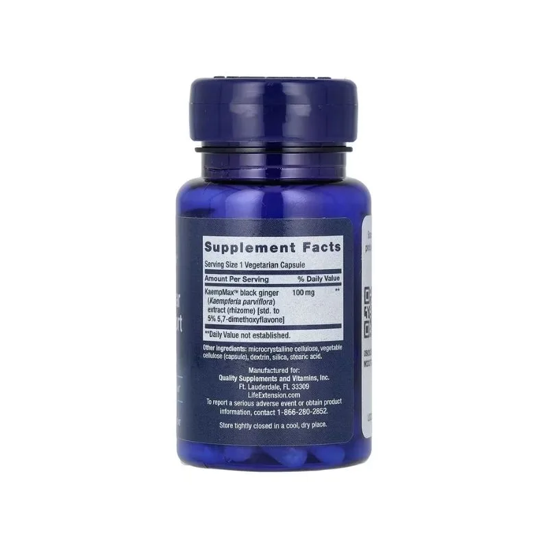 Une bouteille bleue de Life Extension - Soutien sexuel vasculaire masculin (30 capsules végétariennes) affiche l'étiquette Supplement Facts avec la taille de la portion, les quantités d'ingrédients et les détails du fabricant.