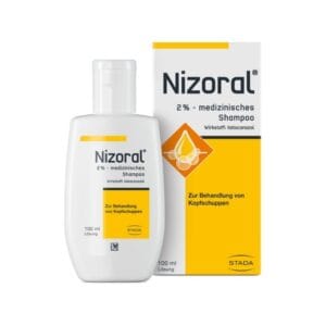 Un flacon de 100ml et une boîte de Stada - Nizoral 2% Shampooing médical antipelliculaire, pour le traitement des pellicules. L'emballage est blanc et jaune avec un texte en allemand.