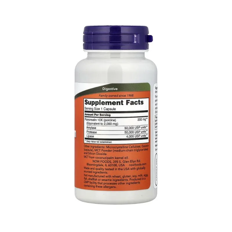 Une bouteille blanche avec un bouchon violet contient NOW Foods - Pancreatin 2000 - 100 gélules et comporte une étiquette Supplement Facts et des informations sur les ingrédients à l'arrière.
