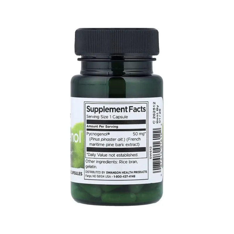 Swanson - Pycnogenol® 50 mg - 50 gélules végétales : chaque gélule contient 50 mg d'extrait d'écorce de pin maritime français (Pycnogenol) et du son de riz, comme indiqué sur l'étiquette des compléments alimentaires.