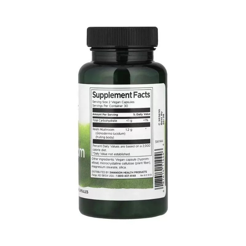 Une bouteille de Swanson Champignon Reishi 600 mg (60 gélules végétaliennes) avec une étiquette nutritionnelle visible indiquant la taille de la portion et les ingrédients, y compris l'extrait de champignon reishi.
