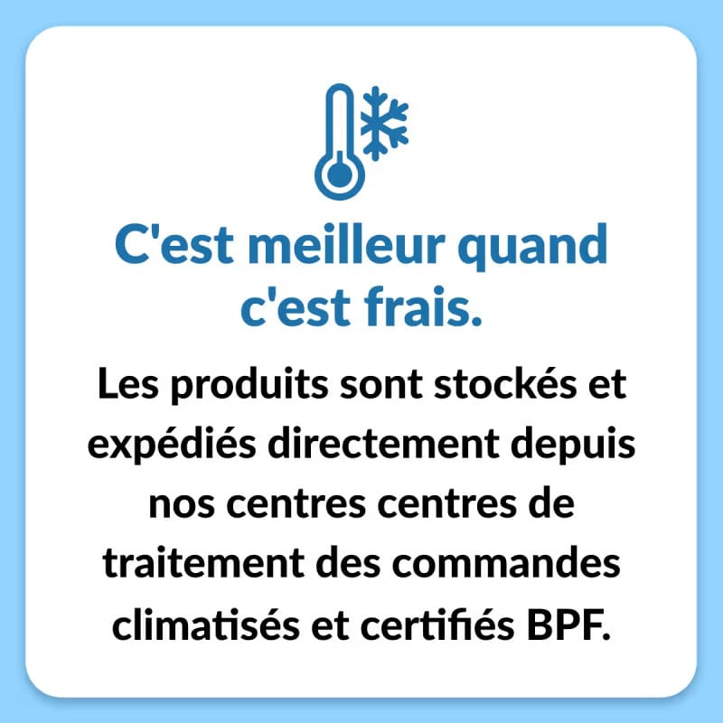 Un graphique avec une icône de thermomètre et un texte en français explique que NOW Foods, L-théanine, Double efficacité, 200 mg, 60 capsules végétales est stocké et expédié à partir de centres de traitement climatisés et certifiés BPF.
