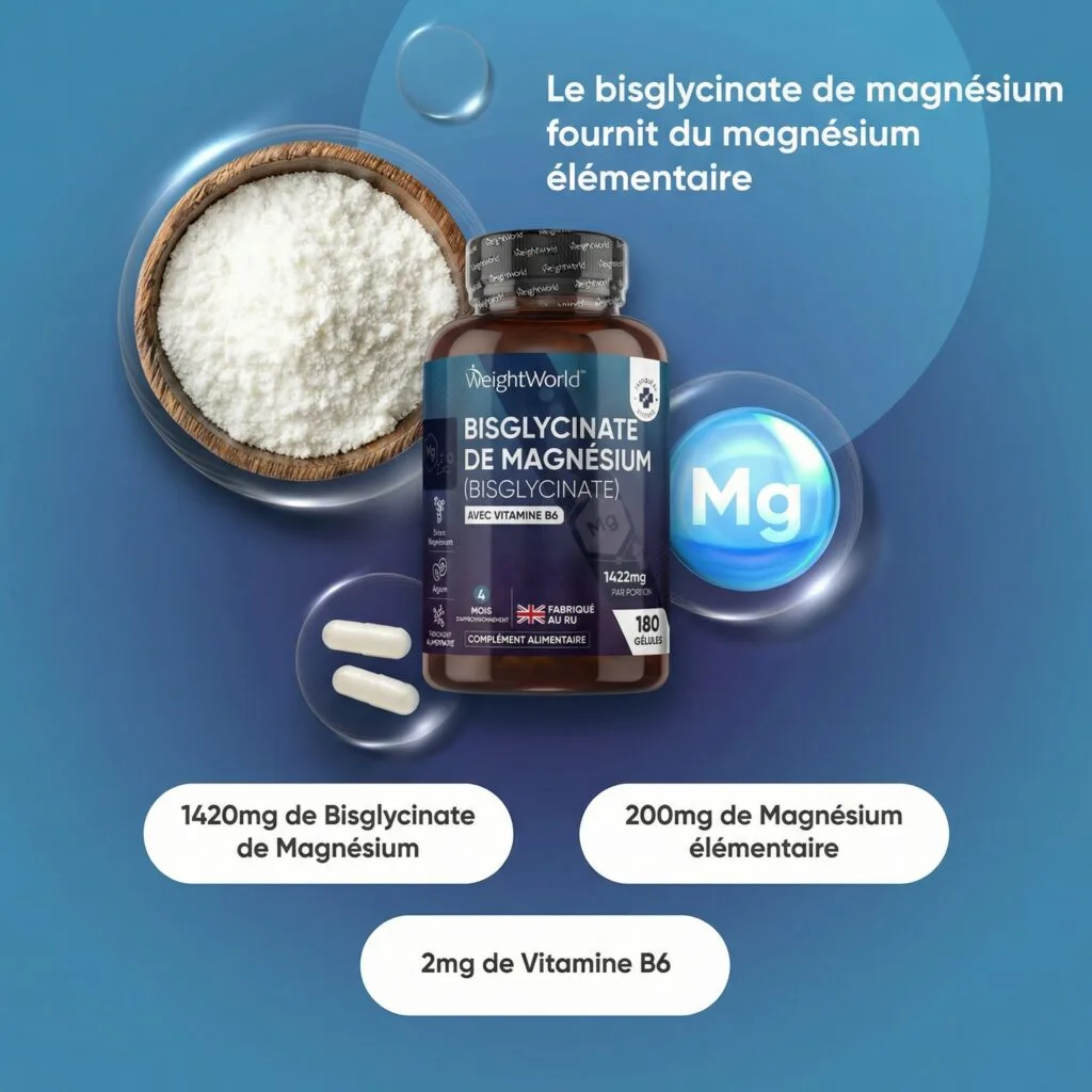 Un pot de WeightWorld Magnesium Glycinate (Bisglycinate) + Vitamine B6 180 gélules végétales, un bol de poudre, deux gélules et une notice de dosage en français indiquant la teneur en magnésium et en vitamine B6.