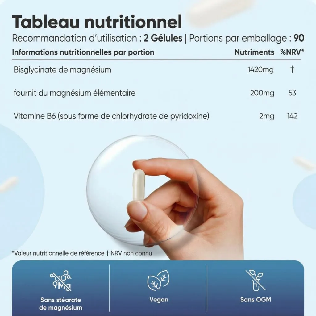 Le tableau nutritionnel de WeightWorld Magnesium Glycinate (Bisglycinate) + Vitamine B6, 180 gélules végétales : indique les quantités d'ingrédients par portion et les VNR%, ainsi que les icônes des gélules végétaliennes, sans OGM, conformes aux normes de propreté et végétales.