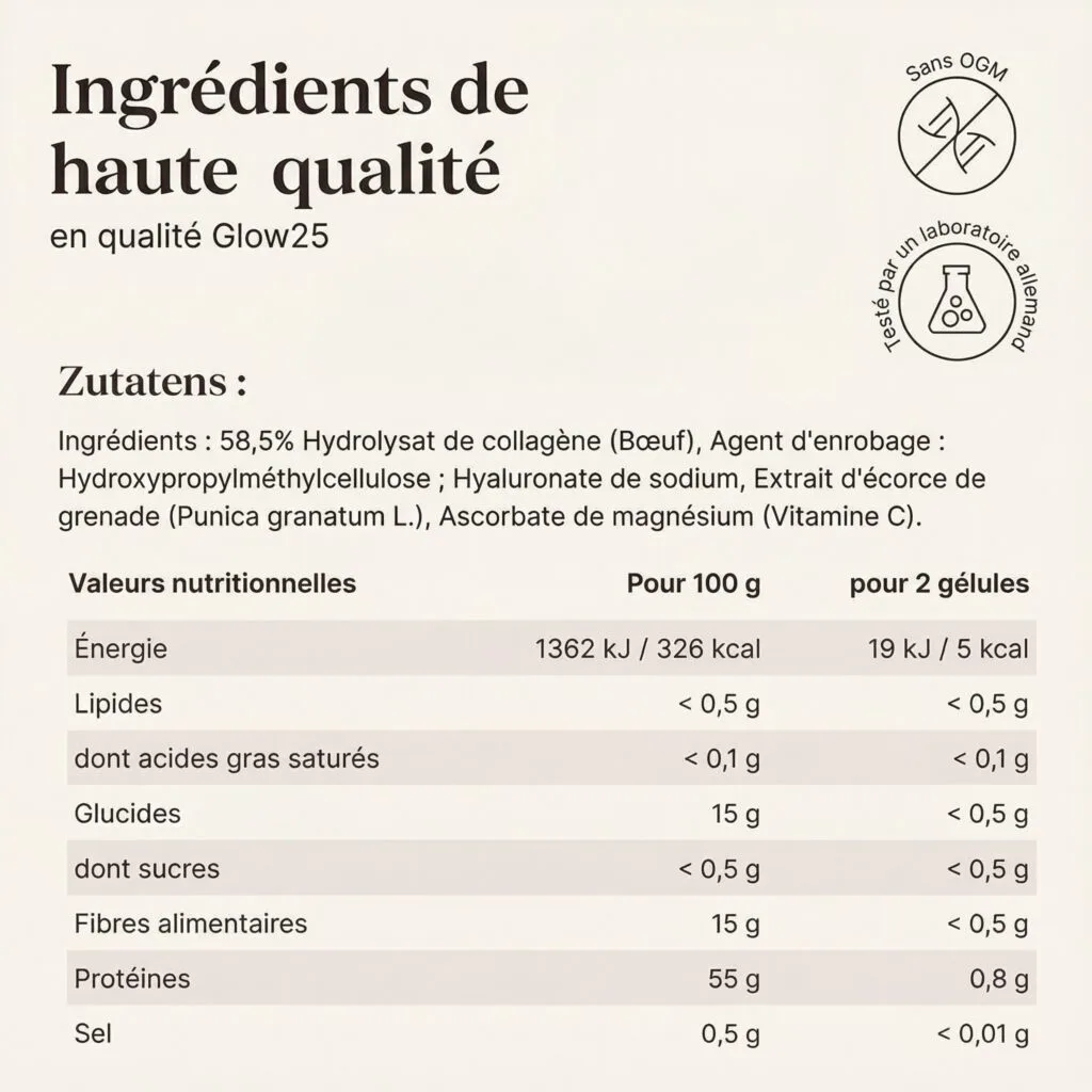 Tableau présentant les ingrédients et les valeurs nutritionnelles de Glow25 - Collagen Complex Kollagen Kapseln mit Hyaluronsäure & Vitamin C, y compris le collagène bovin hydrolysé, le hyaluronate de sodium, l'extrait de grenade et l'ascorbate de magnésium.