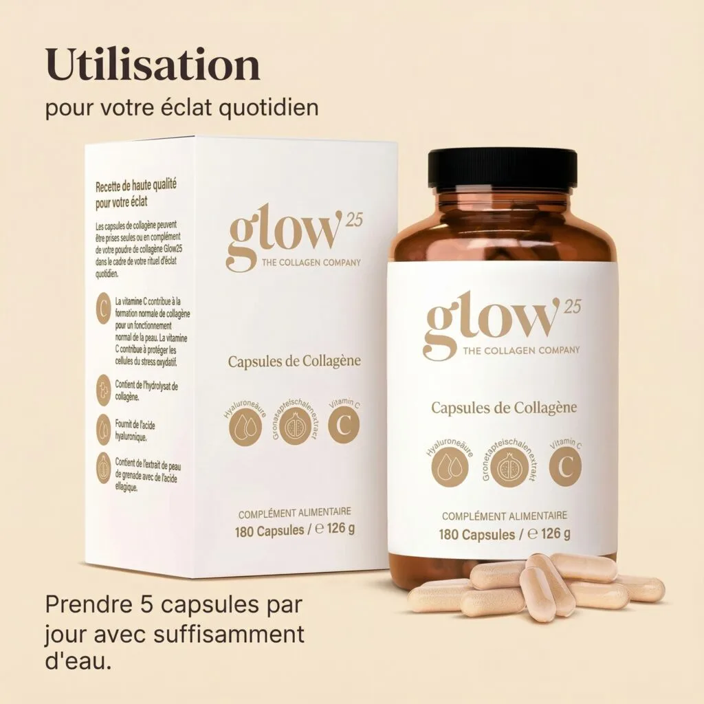 Une bouteille et une boîte de "Glow25 - Collagen Complex Kollagen Kapseln mit Hyaluronsäure & Vitamin C - 180 gélules" sont représentées, avec les gélules à l'avant. Le texte en français détaille les instructions d'utilisation et les informations sur le produit.