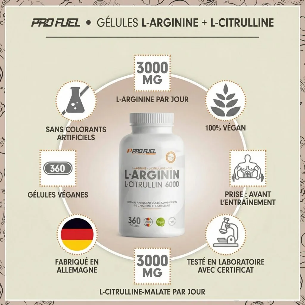 Le ProFuel - L-Arginine + L-Citrulline 6000 offre 360 gélules végétaliennes, 3000mg par dose, sans colorants artificiels, testées en laboratoire et produites dans des installations certifiées.