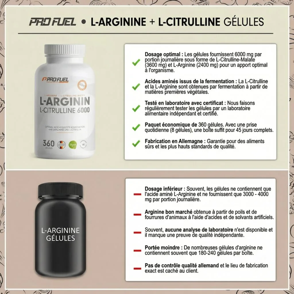 Fiche d'information sur le produit présentant deux bouteilles de supplément ProFuel : "L-Arginine + L-Citrulline 6000 - 360 gélules vegan", avec la posologie et le mode d'emploi en français.