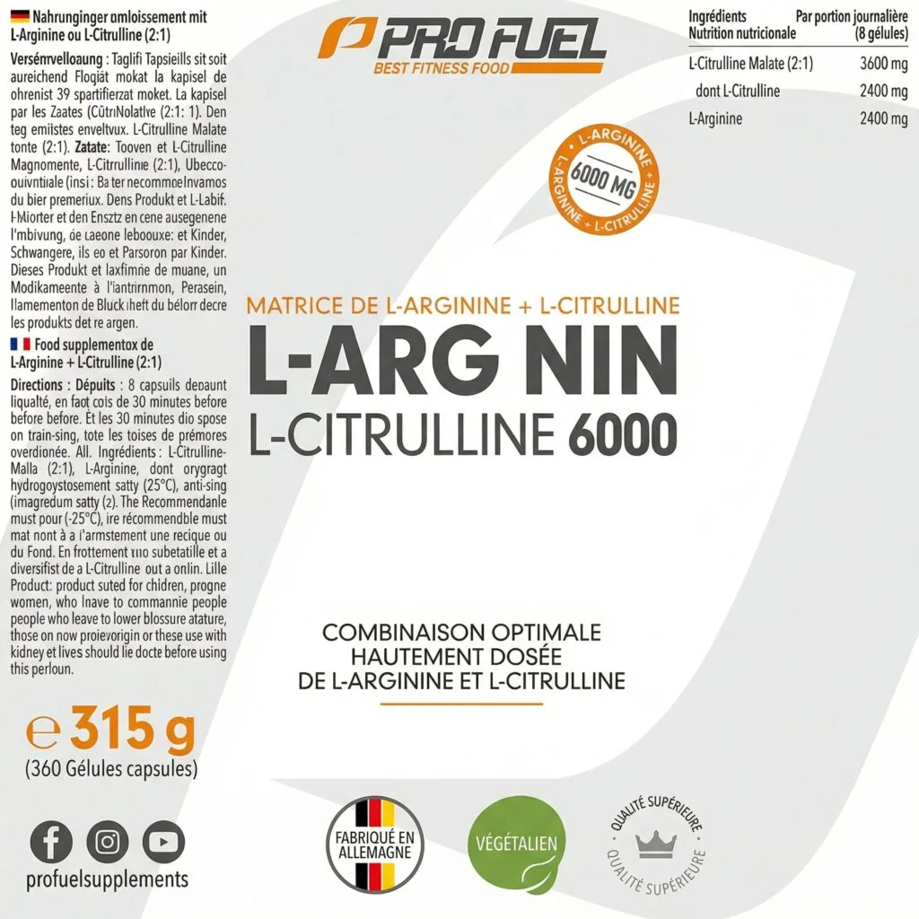 L'étiquette frontale de ProFuel - L-Arginin + L-Citrullin 6000 - 360 gélules vegan supplement indique les ingrédients, la posologie et les certifications en français et en allemand.