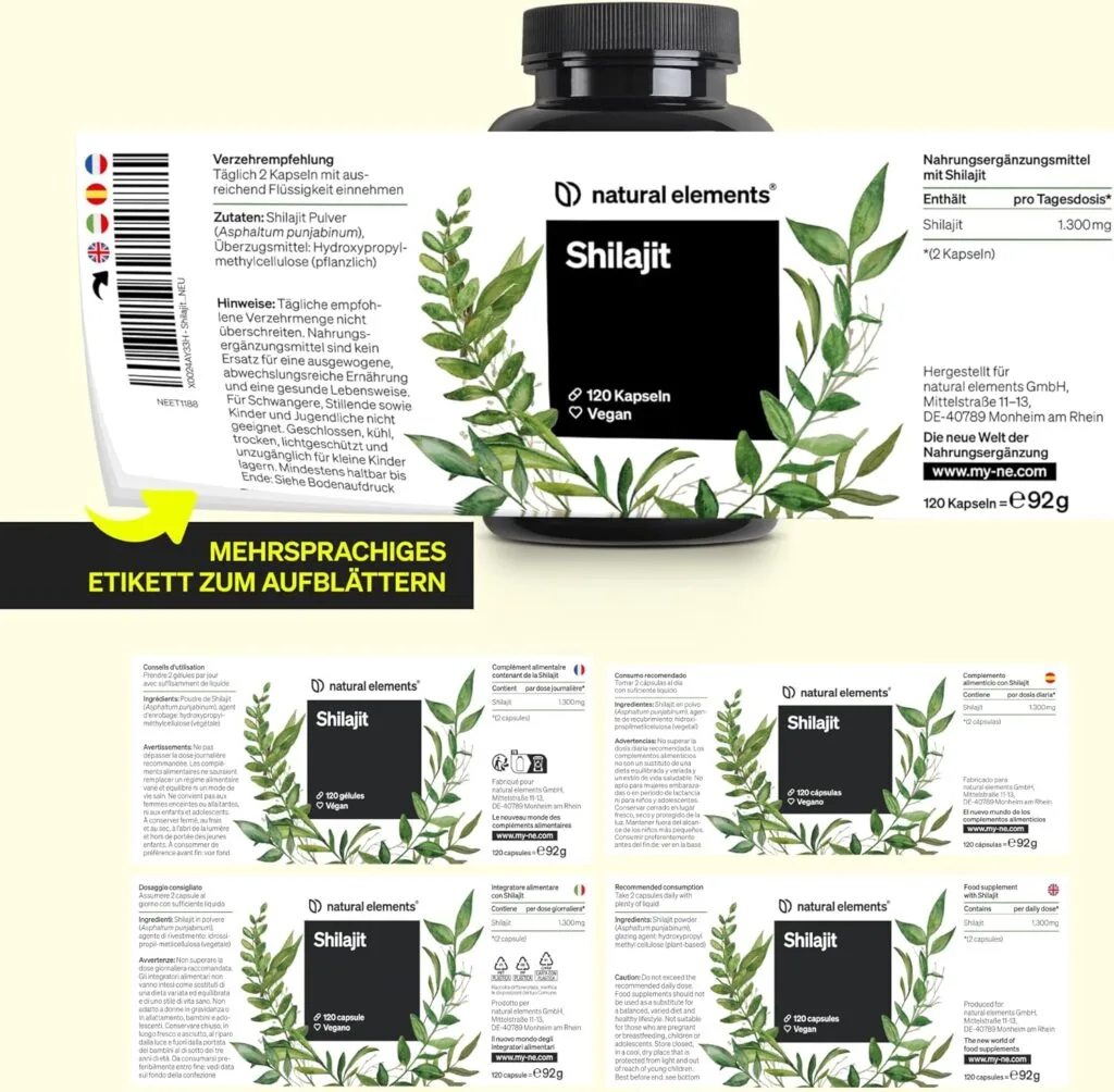 Une bouteille de Natural Elements Shilajit 1300mg - 120 gélules végétaliennes avec une étiquette multilingue comportant des feuilles vertes et des informations sur le produit, contenant du Mumijo de l'Himalaya original hautement dosé, testé en laboratoire.
