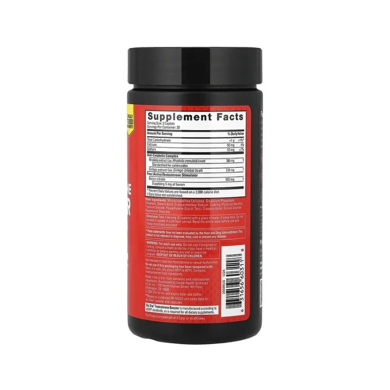 Un contenant en plastique noir de SIXSTAR Testosterone Booster (60 caplets) avec une étiquette rouge, indiquant Supplement Facts et les informations nutritionnelles au dos.