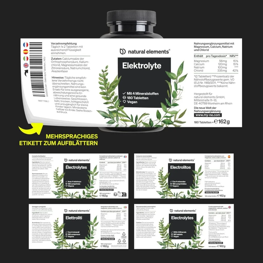 Éléments naturels - Comprimés d'électrolytes - 180 comprimés, avec une étiquette multilingue affichant les informations sur les suppléments, les ingrédients et les détails du produit dans plusieurs langues.